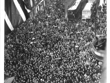 Crowds in Castle Street, Aberdeen, on May 8 1945. The Lord Provost surveys the scene