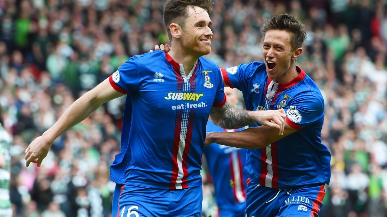 Tansey and Danny Williams celebrate his goal in the Scottish Cup semi-final against Celtic.