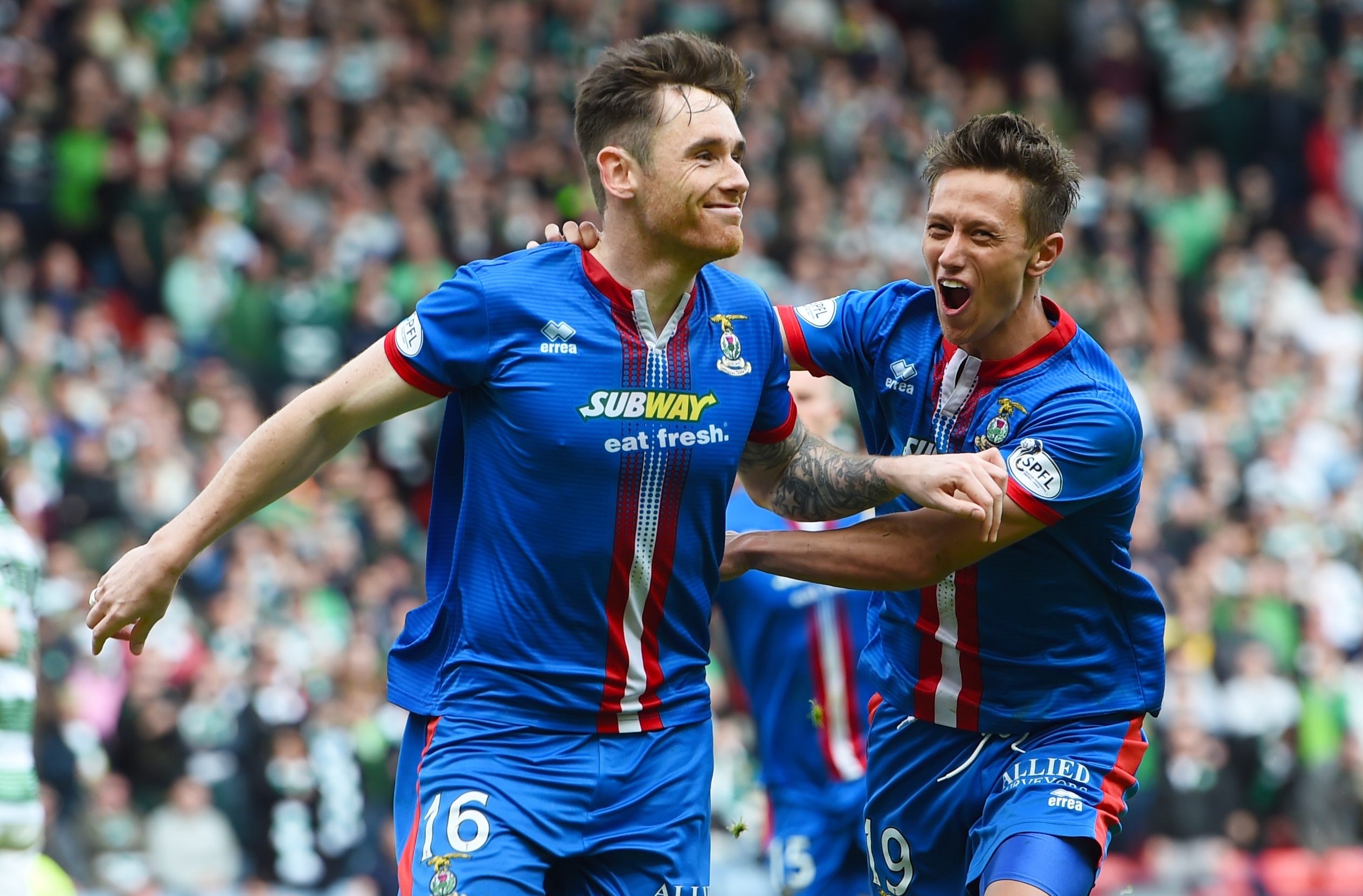 Tansey and Danny Williams celebrate his goal in the Scottish Cup semi-final against Celtic.