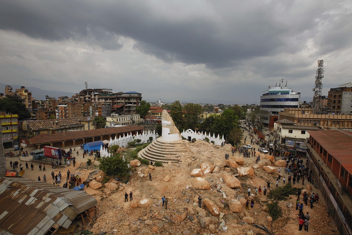 One of the Kathmandu 's landmark Bhimsen tower is seen in rubbles after it was damaged in Saturdays earthquake