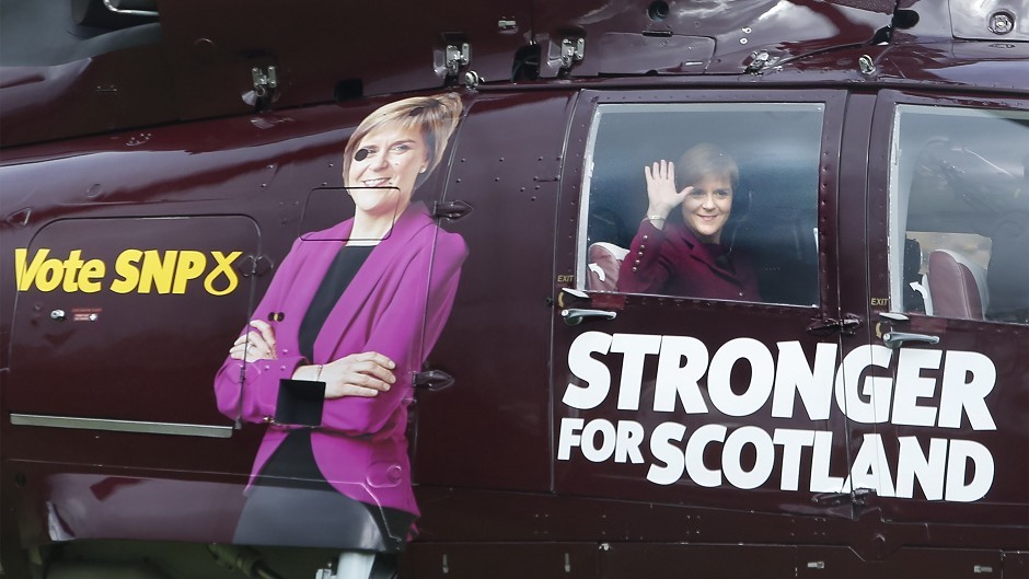 First Minister Nicola Sturgeon leaves Prestonfield House Hotel in Edinburgh in a helicopter to campaign in target constituencies over the Bank Holiday weekend.
