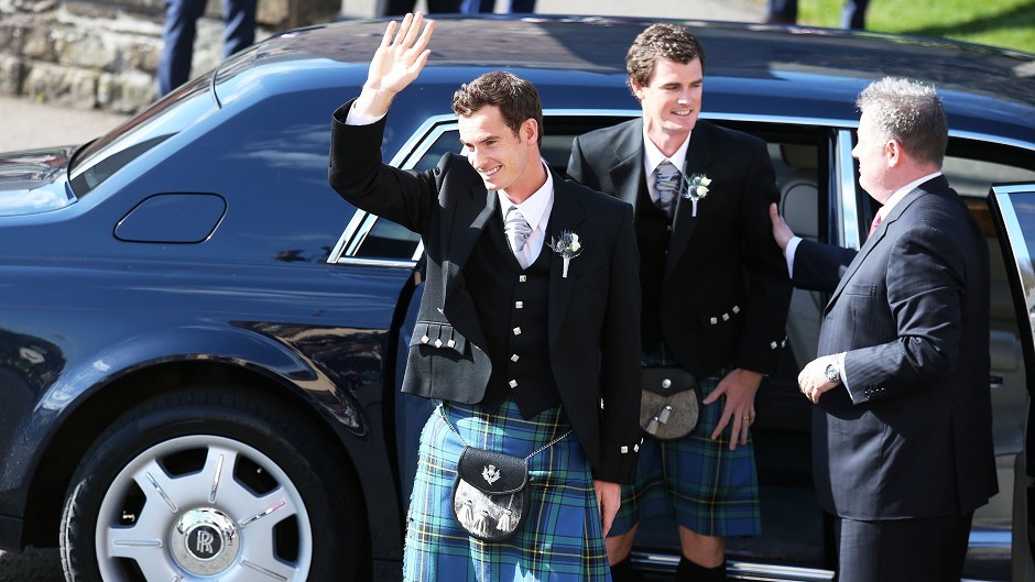 British tennis number one Andy Murray and his brother Jamie arrive at Dunblane Cathedral