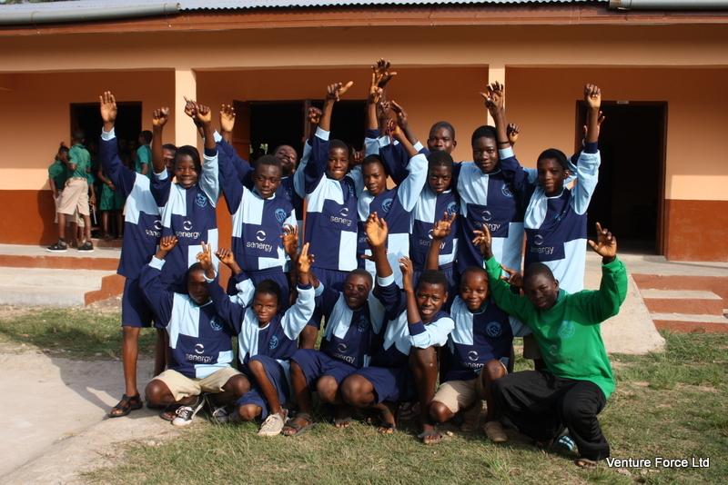 The youngsters at the Evangelical Presbyterian Church school in the town of Ve Koloenu, in the Volta region of Ghana, wearing their Banchory  Boys strips.