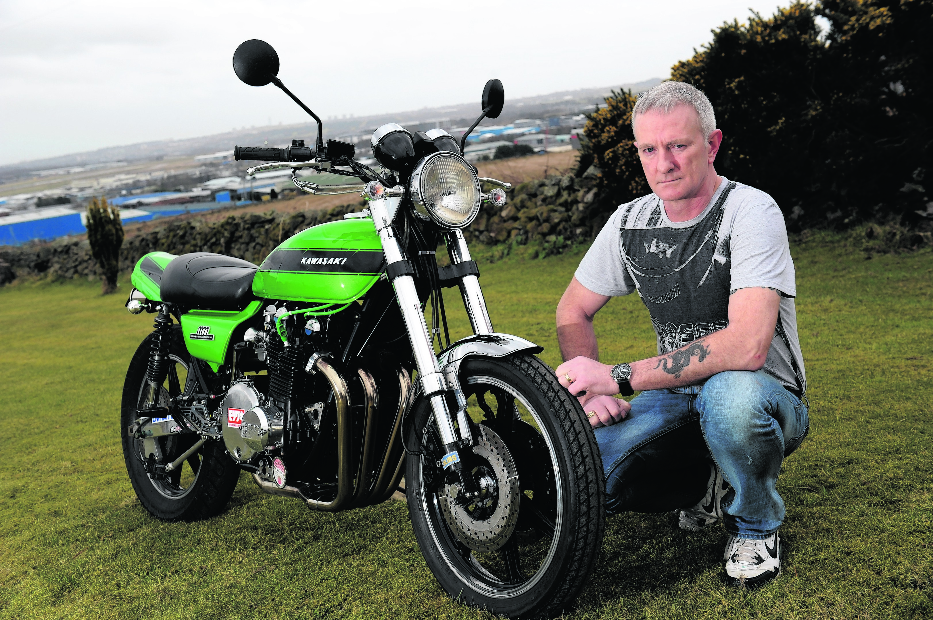 Me and My Bike - Stuart Copeland and his Kawasaki. Picture by KENNY ELRICK     28/02/2015