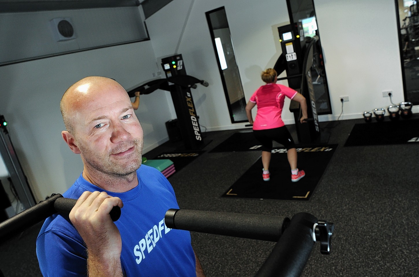 Football legend Alan Shearer at the new Speedflex Gym in Laurencekirk where to mark the opening he joined in with members on a workout session.    
Picture by Kami Thomson