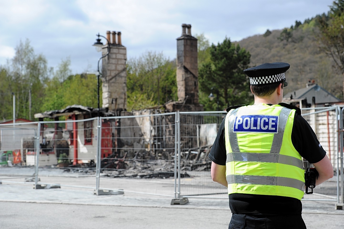 Police at the scene of the fire at Old Royal Station, Ballater