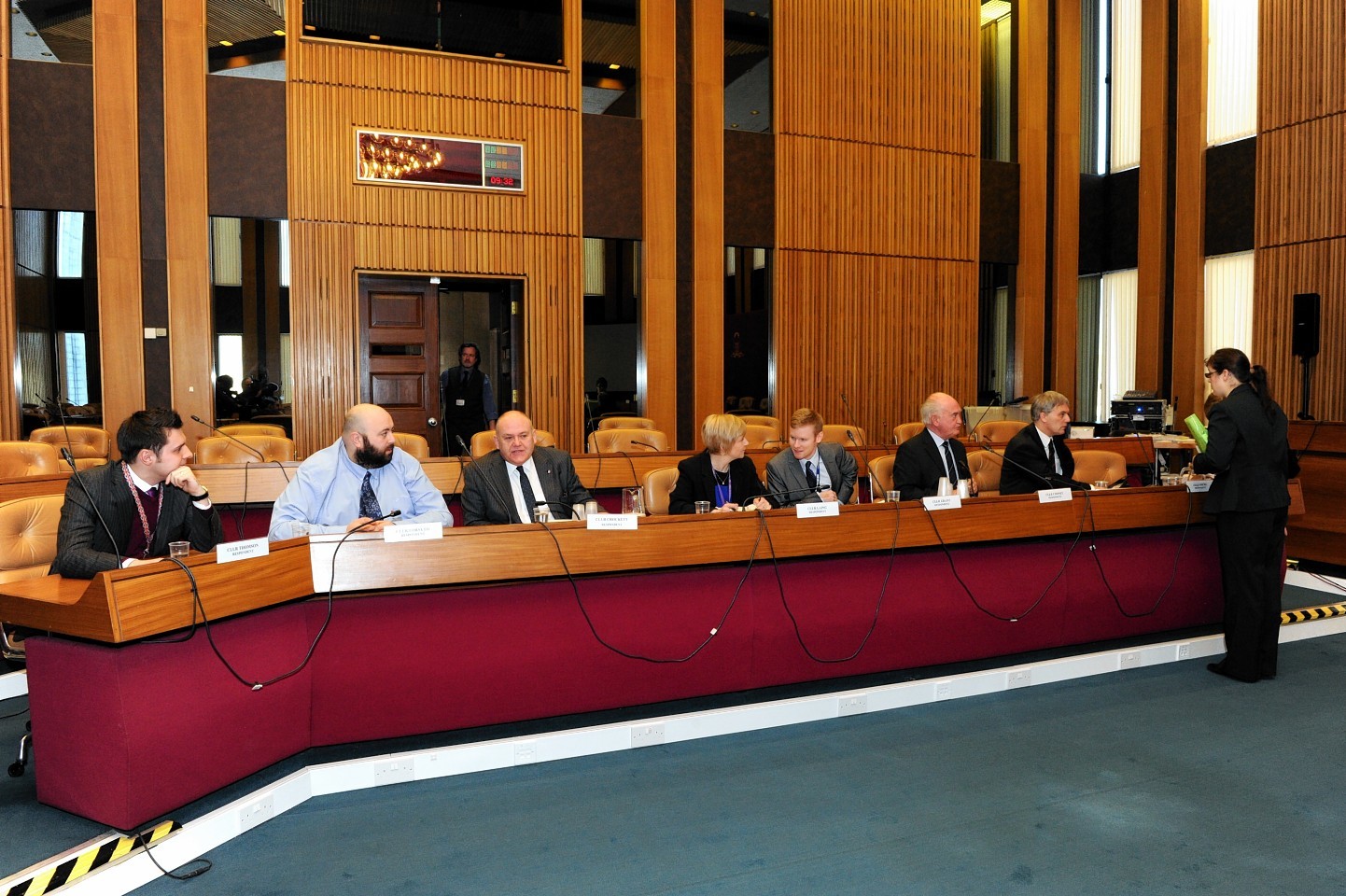 Councillors Ross Thomson, Fraser Forsyth, Barney Crockett, Jenny Laing, Ross Grant, Neil Cooney and Willie Young at the Standards Commission hearing at Aberdeen Town House Council Chambers.