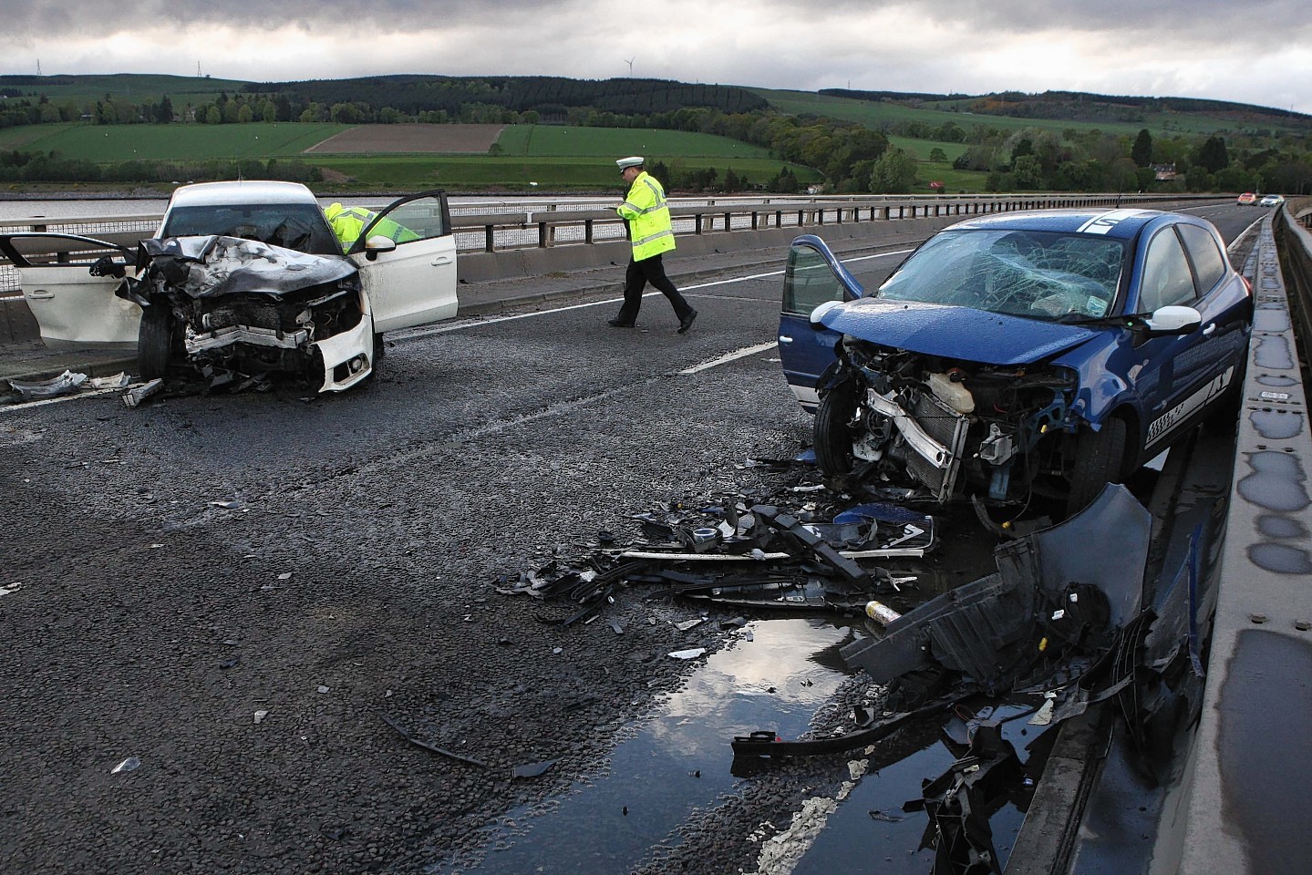 Two of the cars involved in the crash on Cromarty Bridge. Picture: Andrew Smith