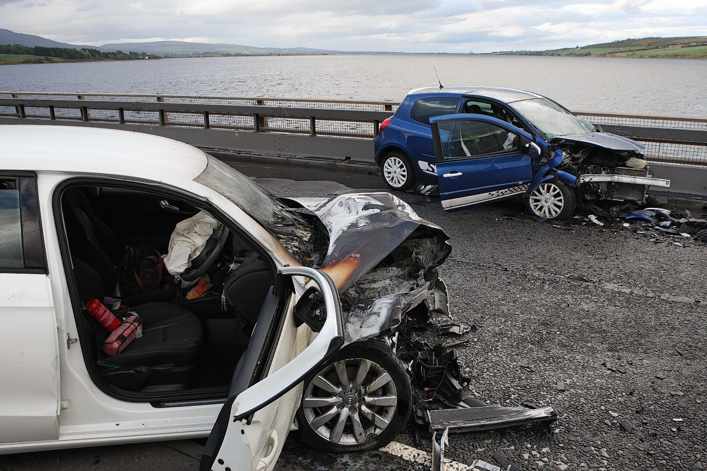 Two of the cars involved in the crash on Cromarty Bridge. Picture: Andrew Smith