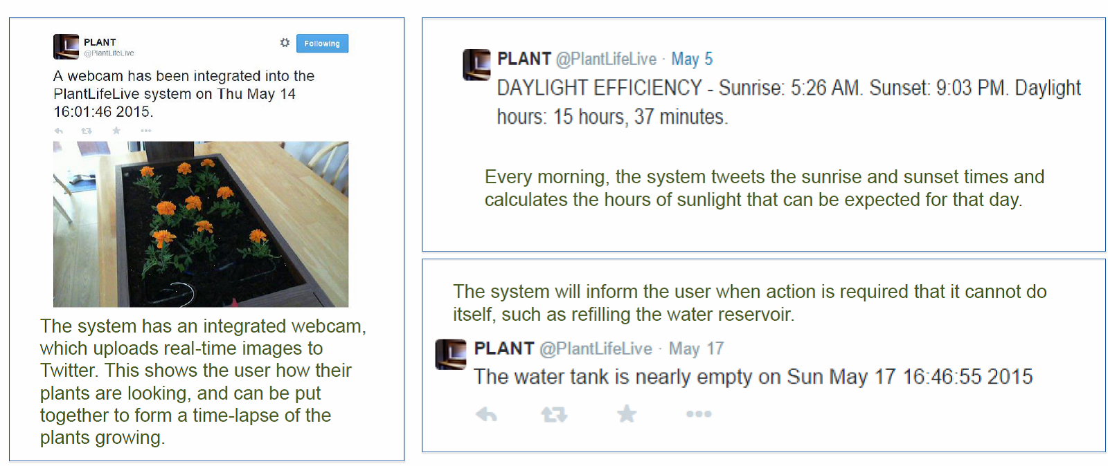 Examples of the tweets that your plant could send you.