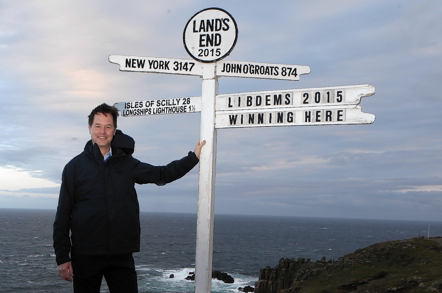 Liberal Democrats Party leader Nick Clegg at Land's End in Cornwall, as he embarks on a Land's End to John O'Groats campaign marathon in a last ditch effort to save as many Liberal Democrat seats as possible at the General Election
