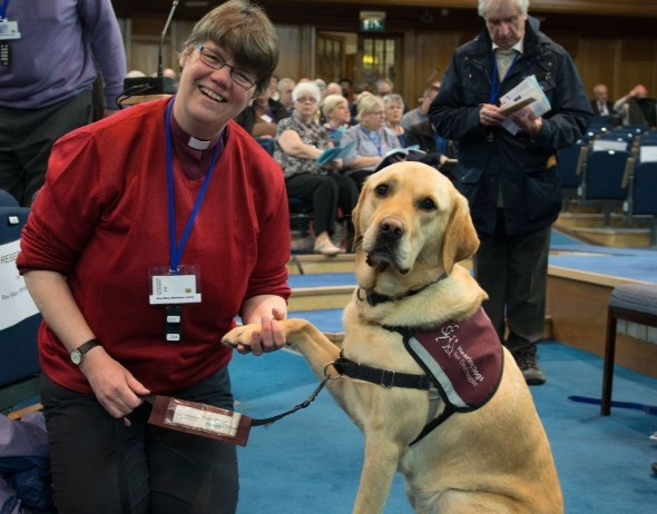 General Assembly of The Church of Scotland 2015; Tuesday 19th of May. Peace be with you.... Woof. Rev Mary Whittaker with Scott, her hearing dog.