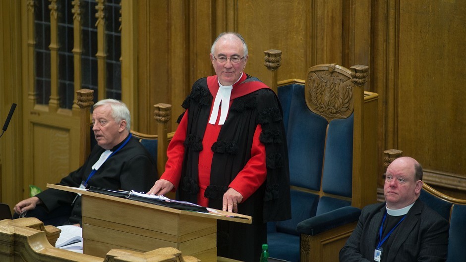 Moderator Dr Angus Morrison (centre), principal clerk George Wright (left) and Reverend Derek Browning at the Kirk's General Assembly in Edinburgh.