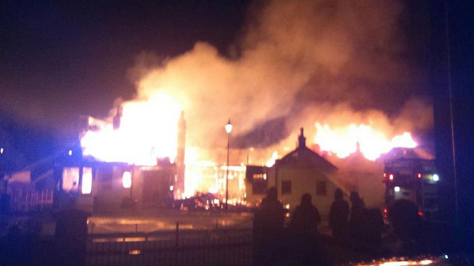 Photo taken with permission from the Twitter feed of @StStMegs of a fire at the Old Royal Station in Ballater, Aberdeenshire (St Margarets Project/Twitter/PA)