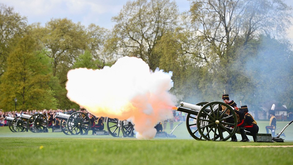 Members of the King's Troop Royal Horse Artillery fire a 41-gun royal salute marking the birth of the Duke and Duchess of Cambridge's baby princess, in Hyde Park, London.