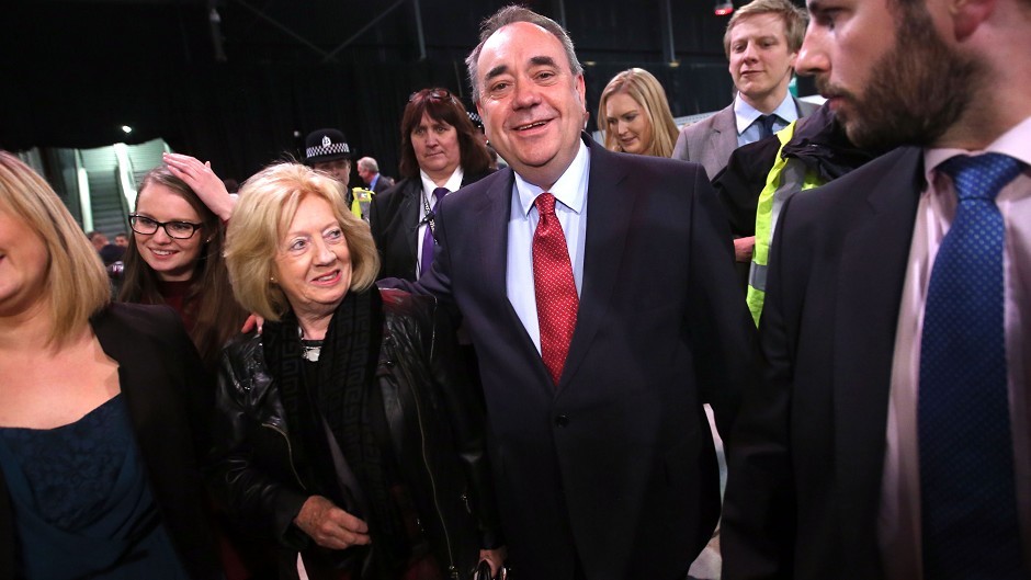 Alex Salmond and his wife Moira arrive at the count for the Banff and Buchan, Gordon, and West Aberdeenshire and Kincardine constituencies in Aberdeen