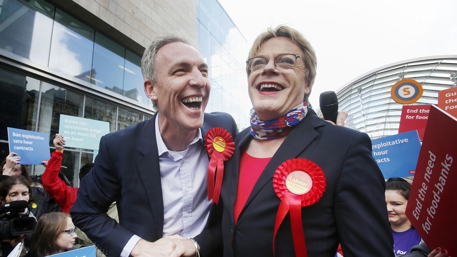 Comedian Eddie Izzard and Scottish Labour leader Jim Murphy on the General Election campaign trail in Glasgow