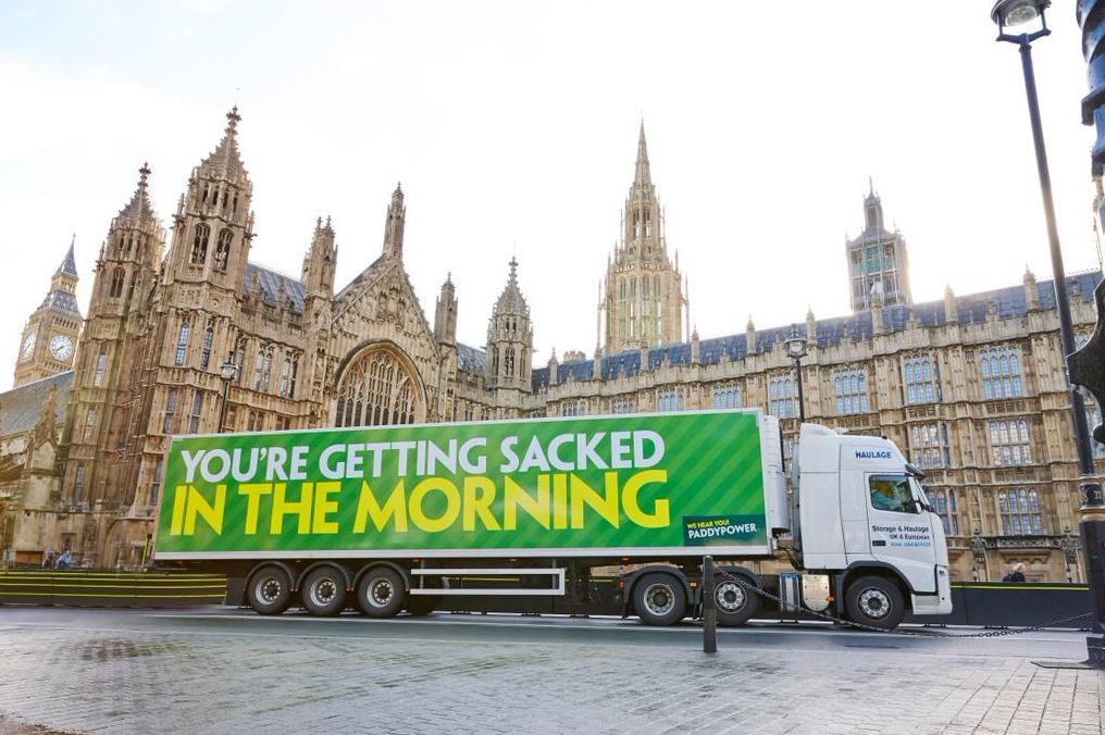 The cheeky Paddy Power lorry left outside the Houses of Parliament