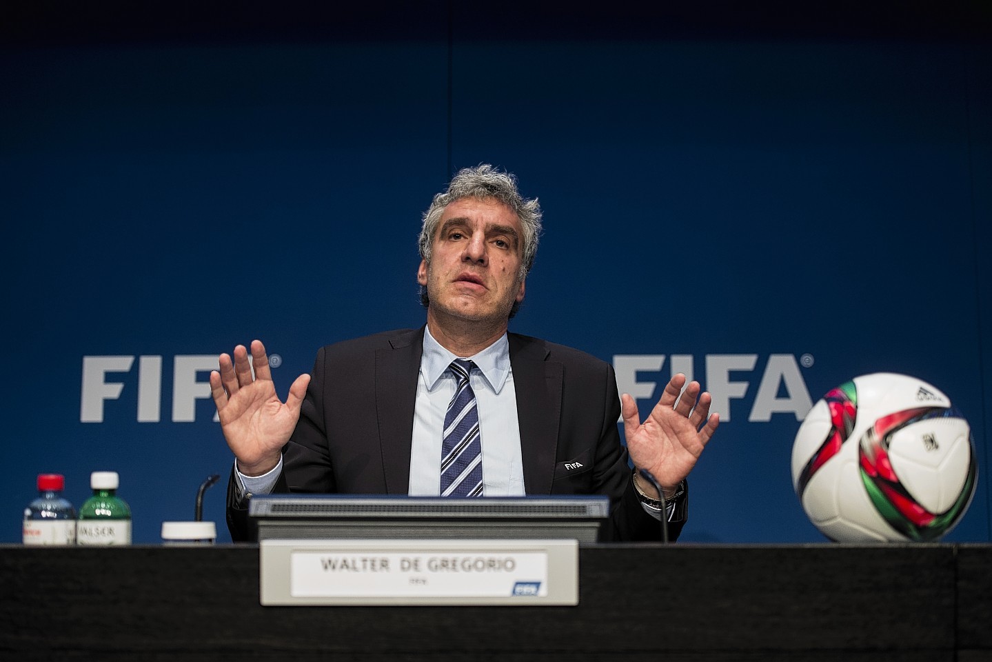 Walter De Gregorio, FIFA Director of Communications and Public Affairs, addresses the media during a press conference at the FIFA headquarters