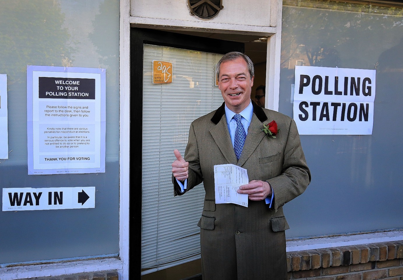 Ukip leader Nigel Farage arrives to cast his vote at the Eastcliff community housing office in Ramsgate