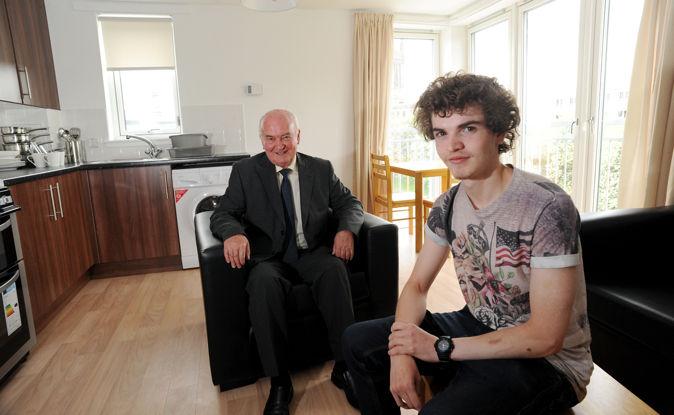 Housing convener Neil Cooney with service user Kurt Fraser in the new homeless accommodation centre