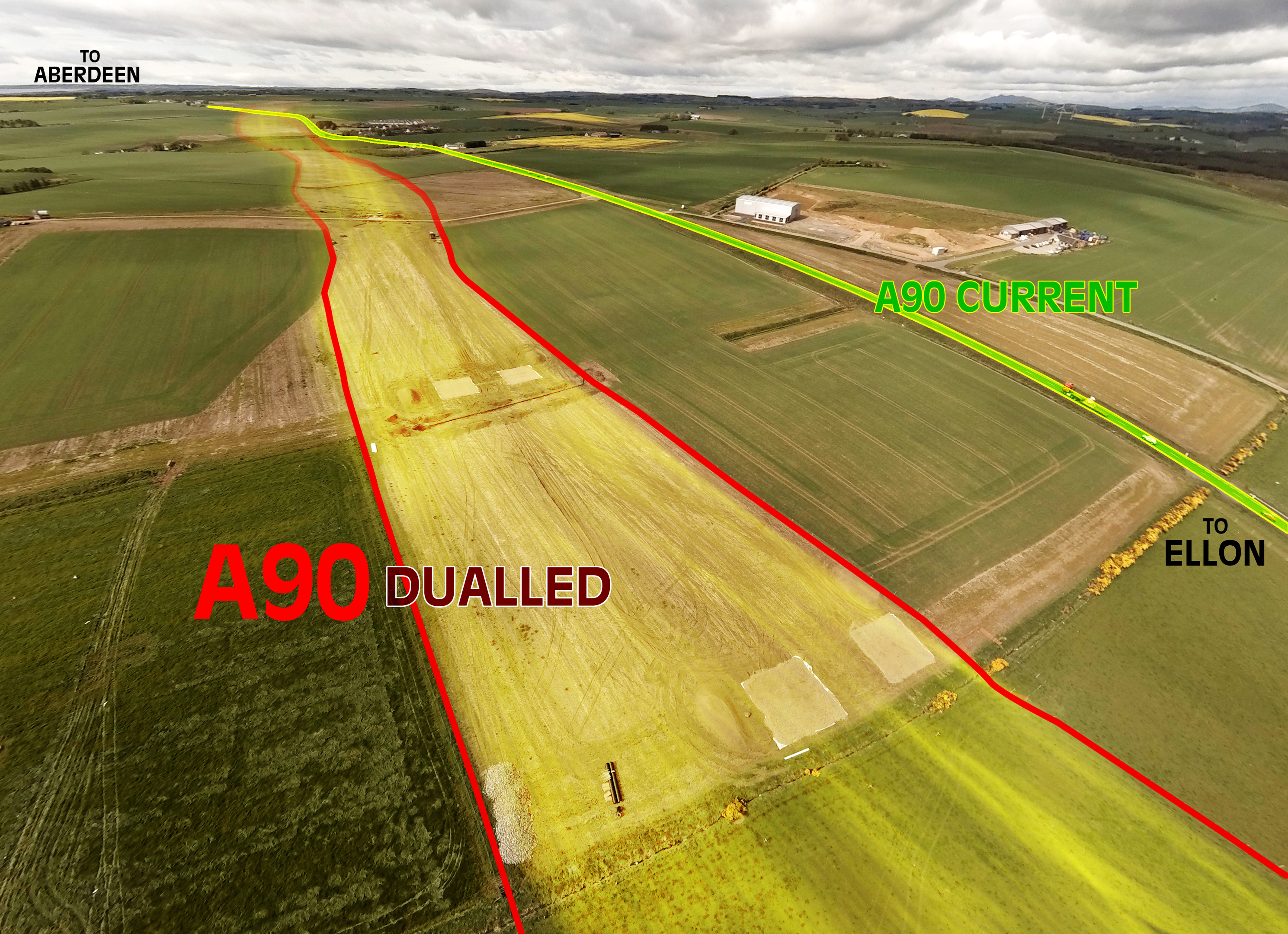 The shaded area shows the route of the new dualled A90 and the current A90 north of Aberdeen