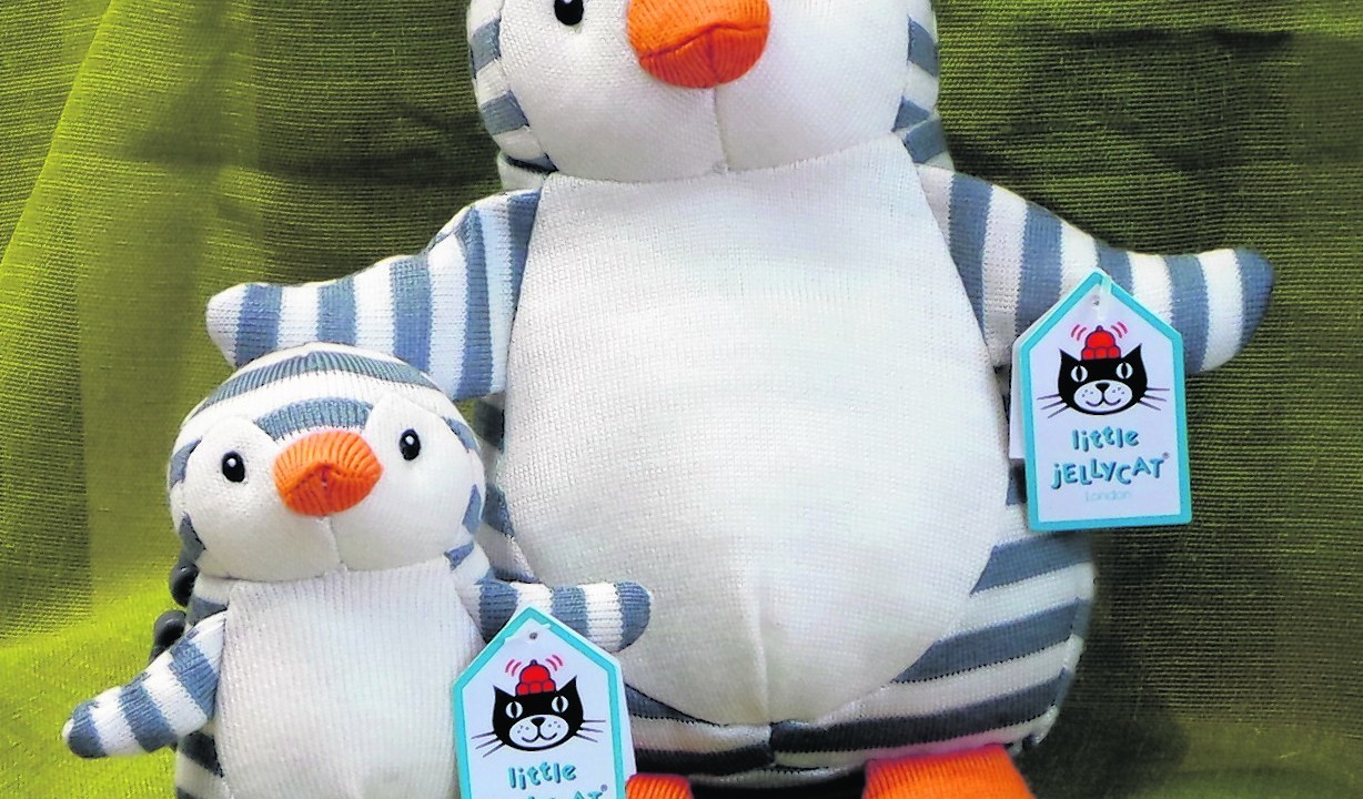 Shiver the Penguin teething ring £12.50 and his bigger rattle version £17.  Both by Jelly Cat and safe for baby, Aly Bali B, 56 Allardice Street, Stonehaven.  Tel 01569 767095