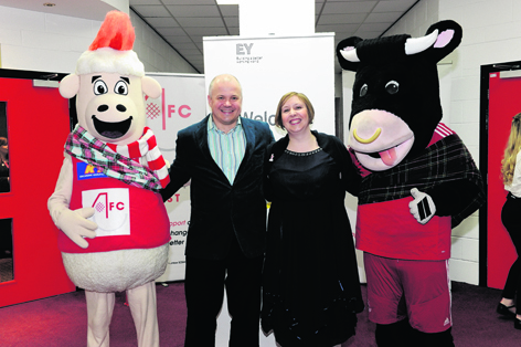 Andy Wilson and Jill Simpson with mascots Donny the Sheep and Angus the Bull