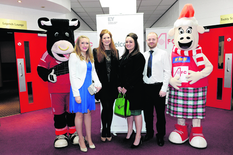 Eilidh Rarity, Kirsten Will, Rachel Ross and Rory Forbes with mascots Angus the Bull and Donny the Sheep