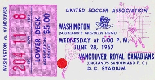 Ticket stub from Aberdeen's game against Vancouver Royal Canadians - Jim Baxter's Sunderland - in Vancouver