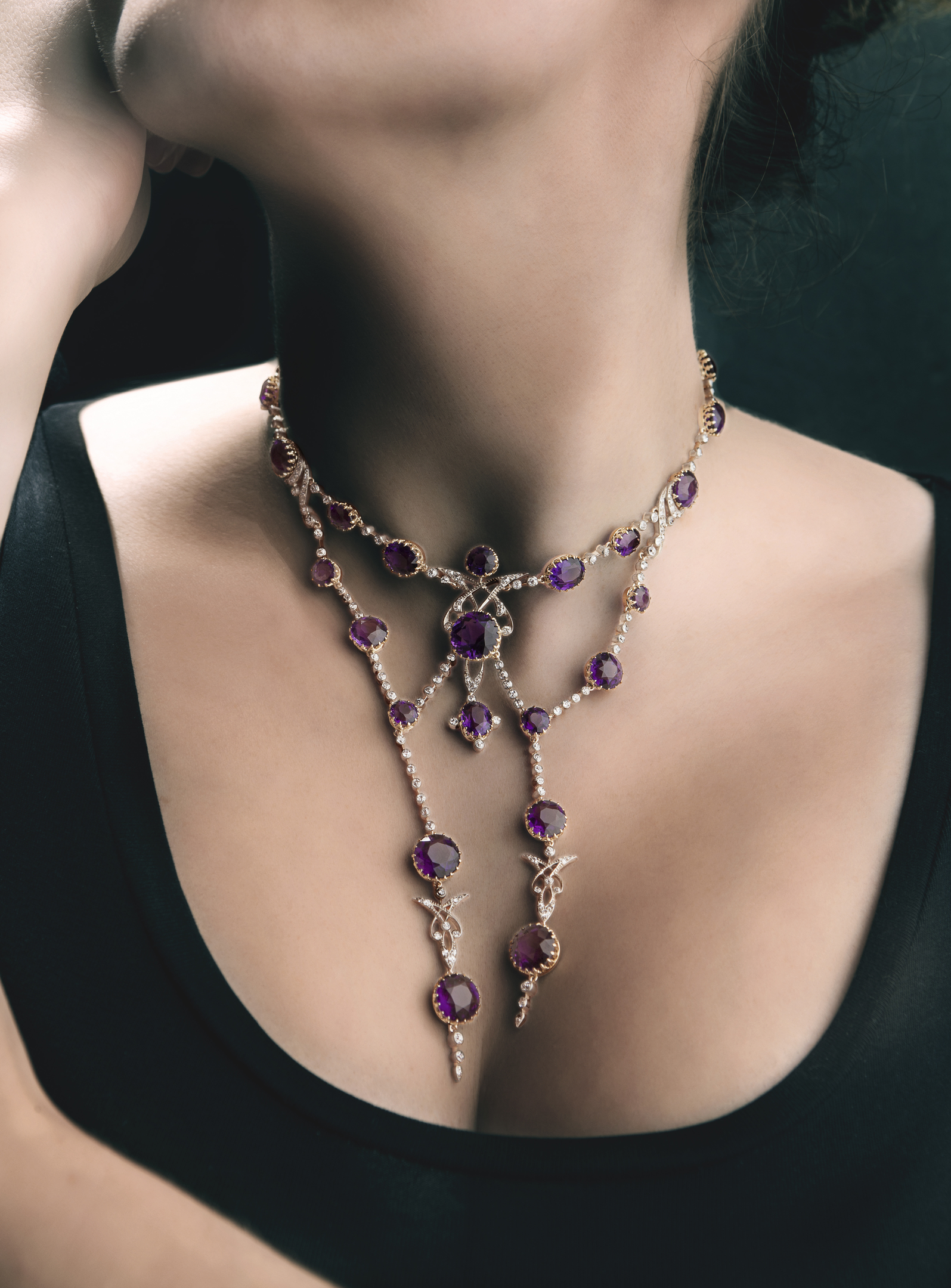 A late 19th century amethyst and diamond set fringe necklace
