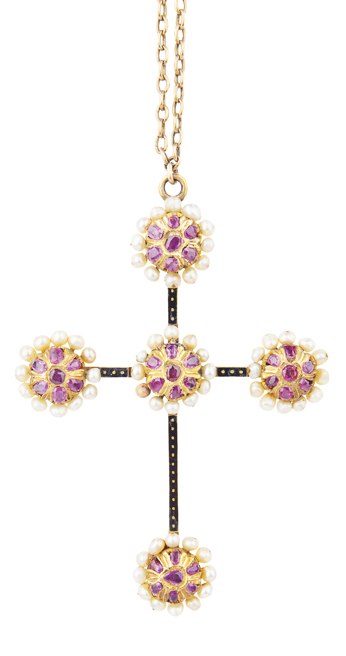 A mid-19th century Spanish ruby, pearl and enamel pendant cross