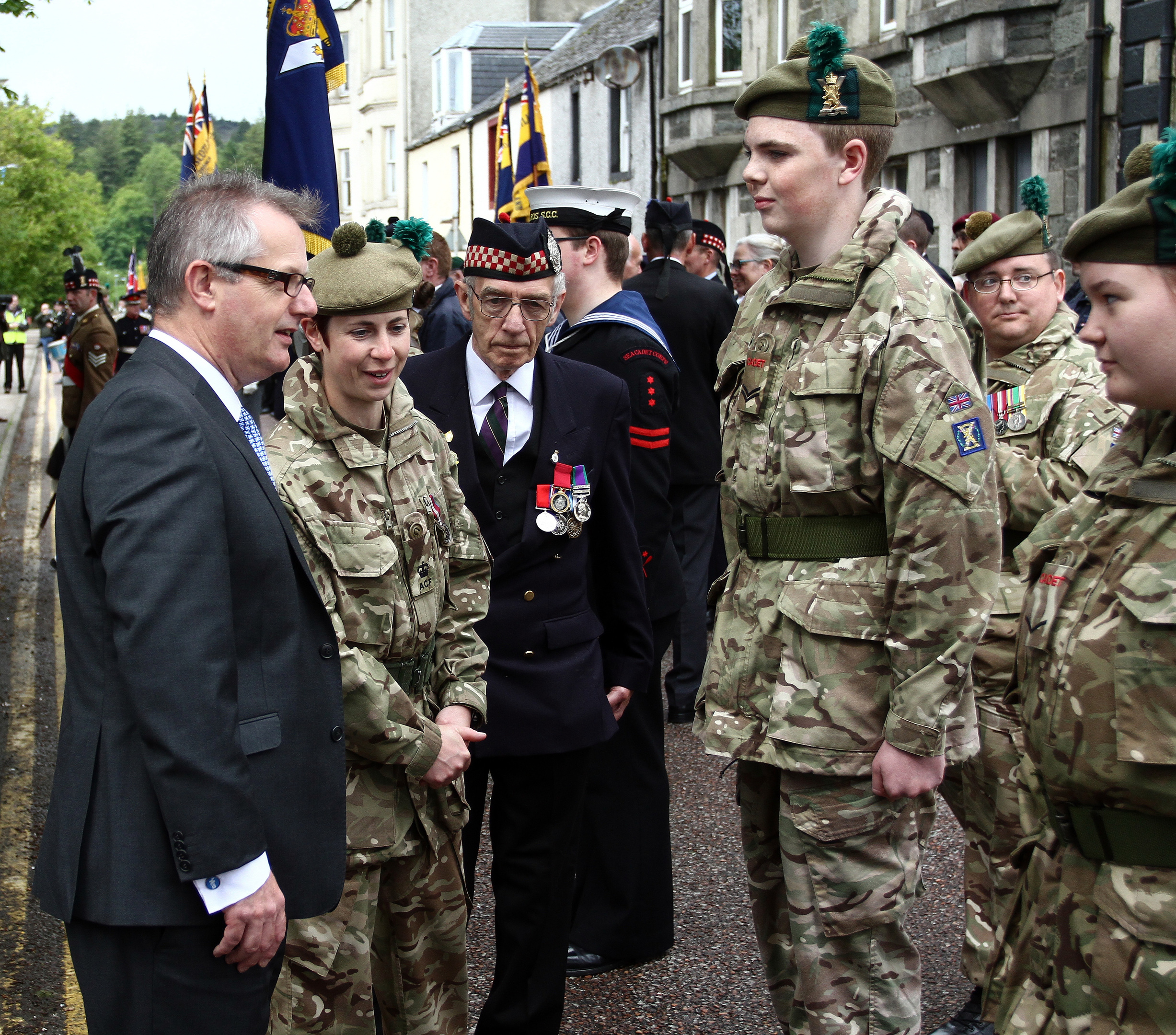 Brendan O'Hara MP argyll and bute inspects the cadets in colchester square lochgilphead .  Armed Forces Day where ex-service personnel march and celebrate being thanked for the sacrifices they have made picture kevin mcglynn