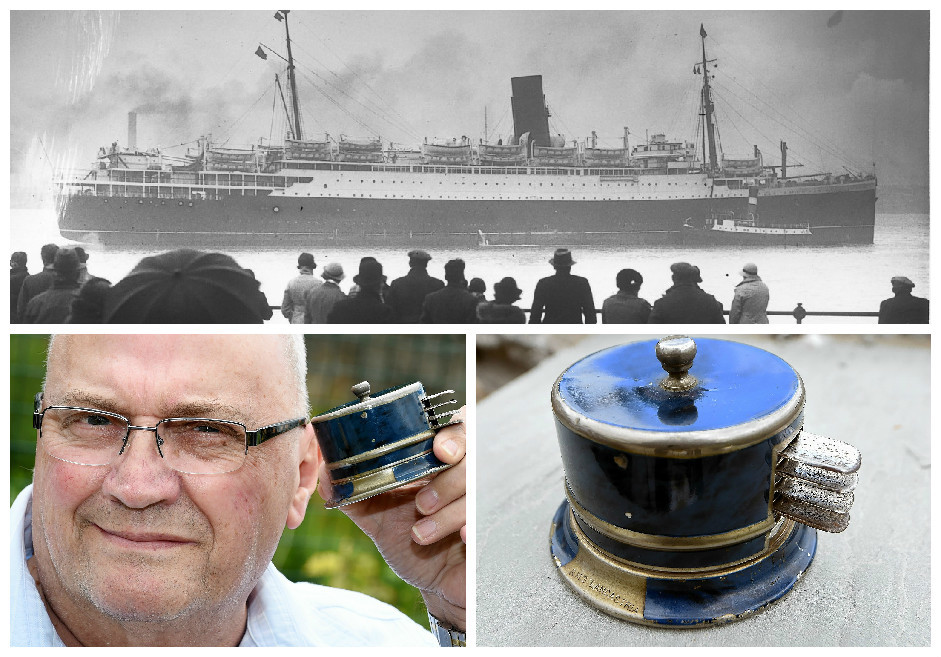 Lenny Bleakley, Bucksburn, Aberdeen, with a set of ashtrays from the HMS Lancastria