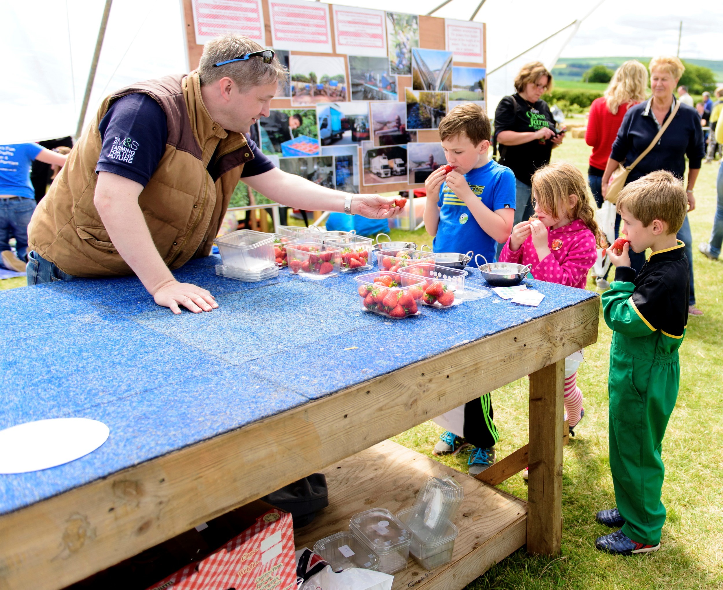 Andy Mitchell Agronomist at MS helps Max and Lauren Davies  Nathan Dickson take the strawberry taste test (2)