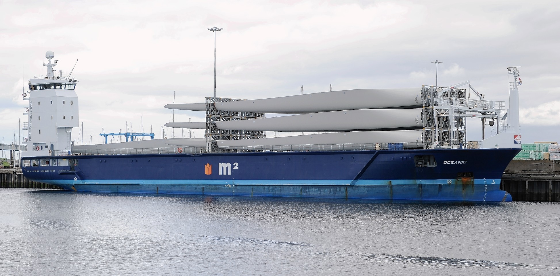 The ship. 'Oceanic' carrying wind turbine blades at Inverness Harbour.