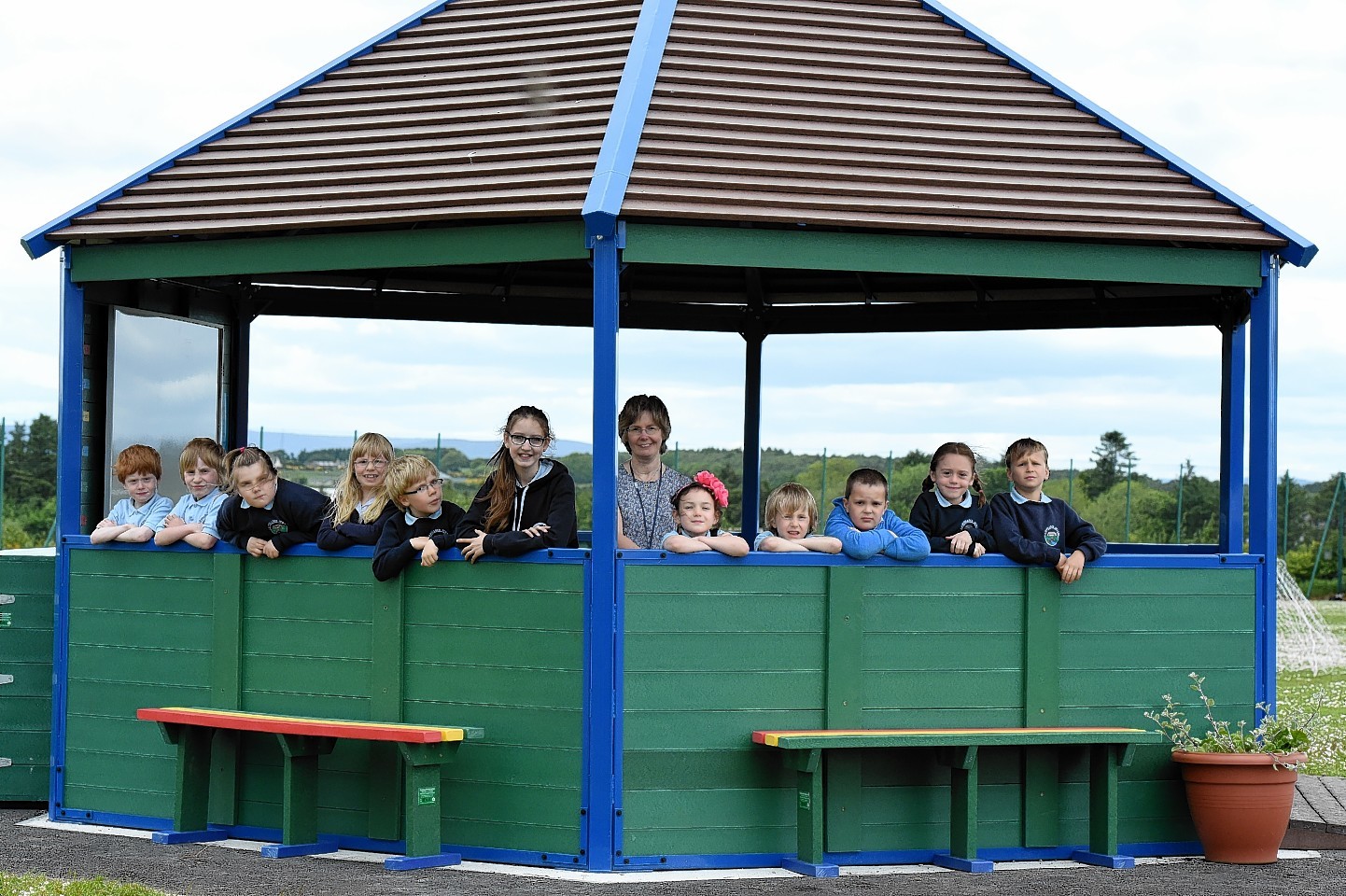 Teacher Mrs Gillian Blair with a class at the new outdoor classroom at Lairhillock Primary School.