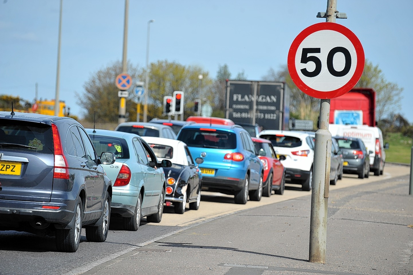 Traffic queuing at the Longman roundabout, Inverness.