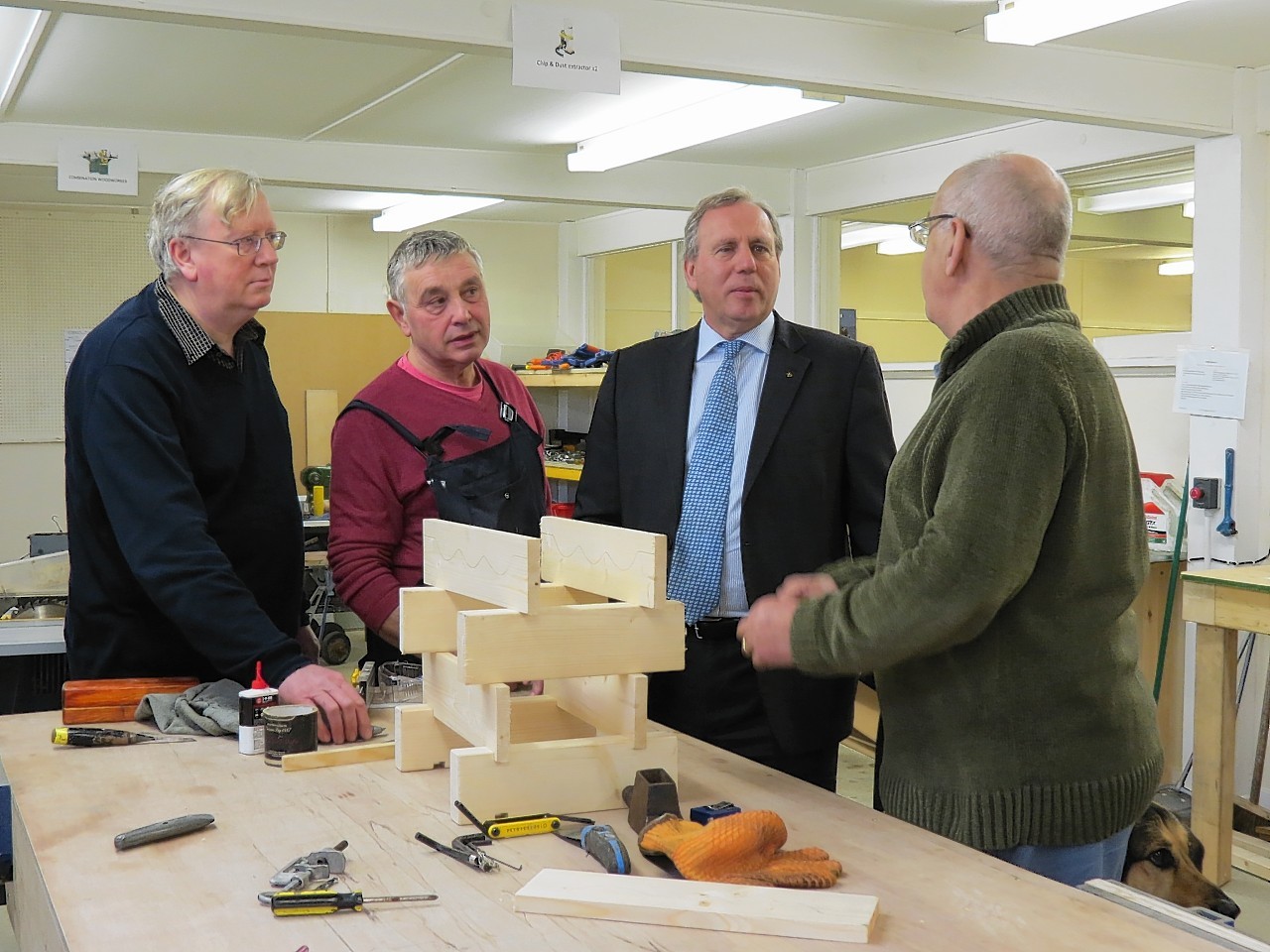 Westhill Men's Shed: Nick Pilbeam, Lui Forno, Dennis Robertson MSP, Mike Benzie