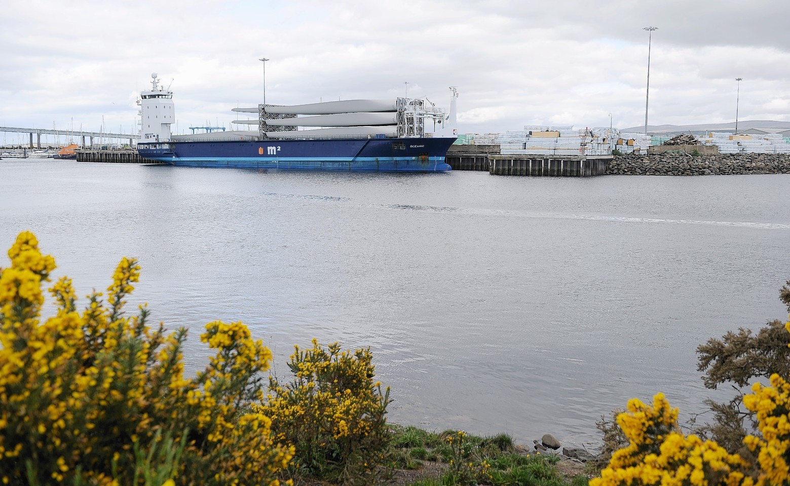The ship. 'Oceanic' carrying wind turbine blades at Inverness Harbour.