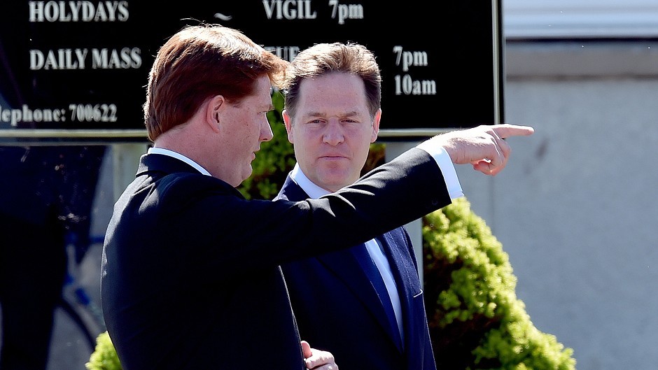 Danny Alexander and Nick Clegg arrive at St John the Evangelist church near Fort William for the funeral of former Liberal Democrat leader Charles Kennedy