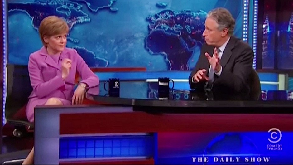 Scotland's First Minister Nicola Sturgeon appearing on The Daily Show with host Jon Stewart