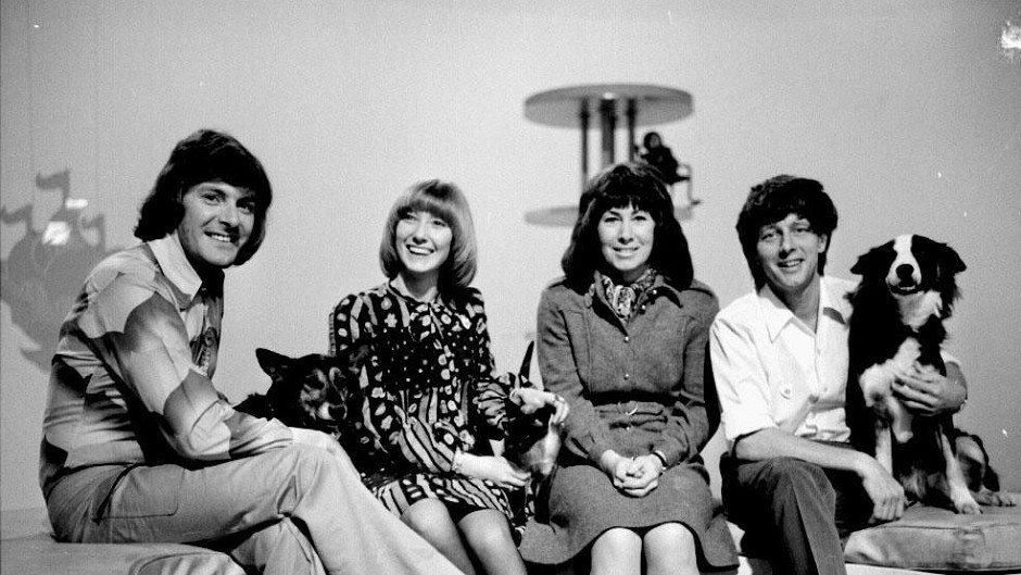 John Noakes (far right with dog Shep) with co-presenters Peter Purves, Lesley Judd and Valerie Singleton