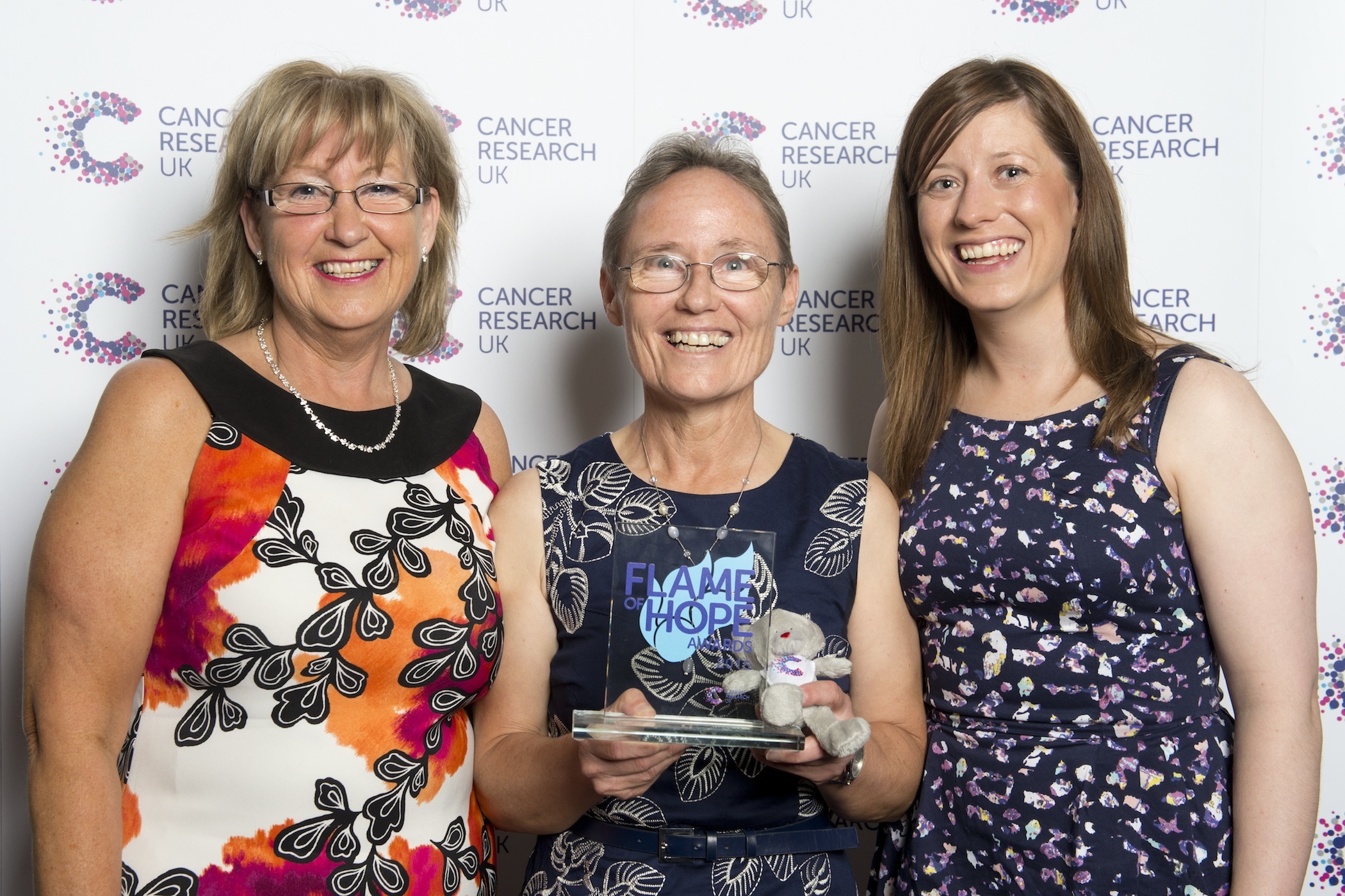 Peterhead committee members Louise Cook, Lorraine Coleman and Angie Shearer and their award at Cancer Research UK’s annual Flame of Hope Awards ceremony.