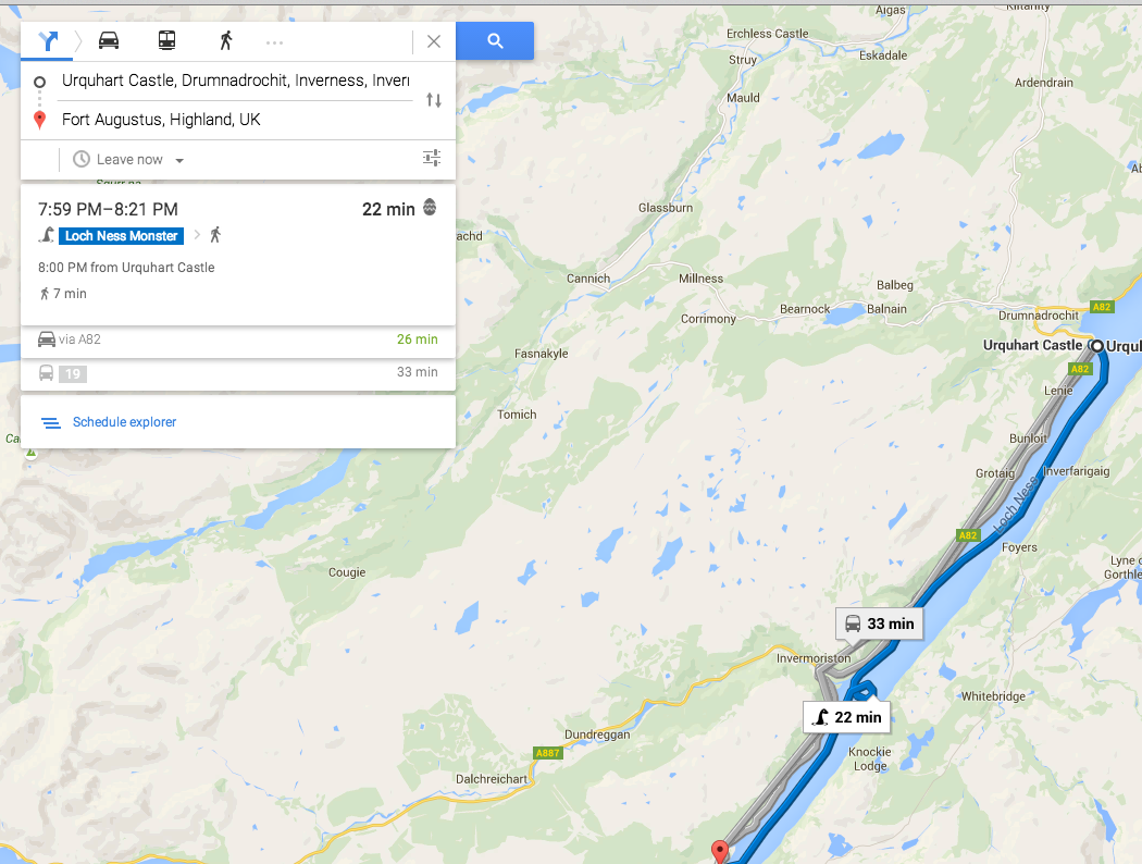 Nessie is one of the travel options on Google Maps