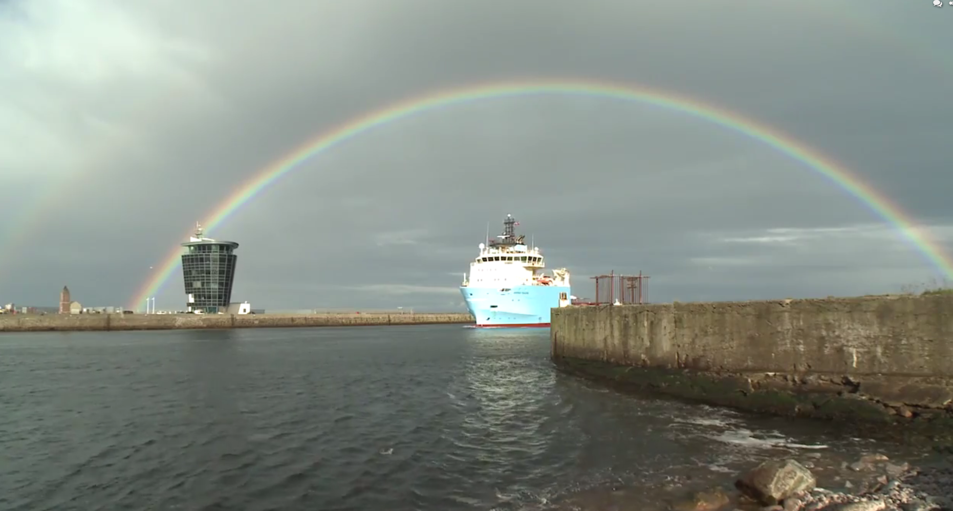 A rainbow forms over Aberdeen. Screen grab from a video by Roy Stewart.