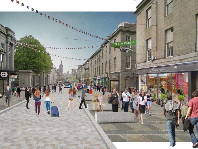 This image shows a proposal to retain buses and taxis but to remove private cars and create wider pavements