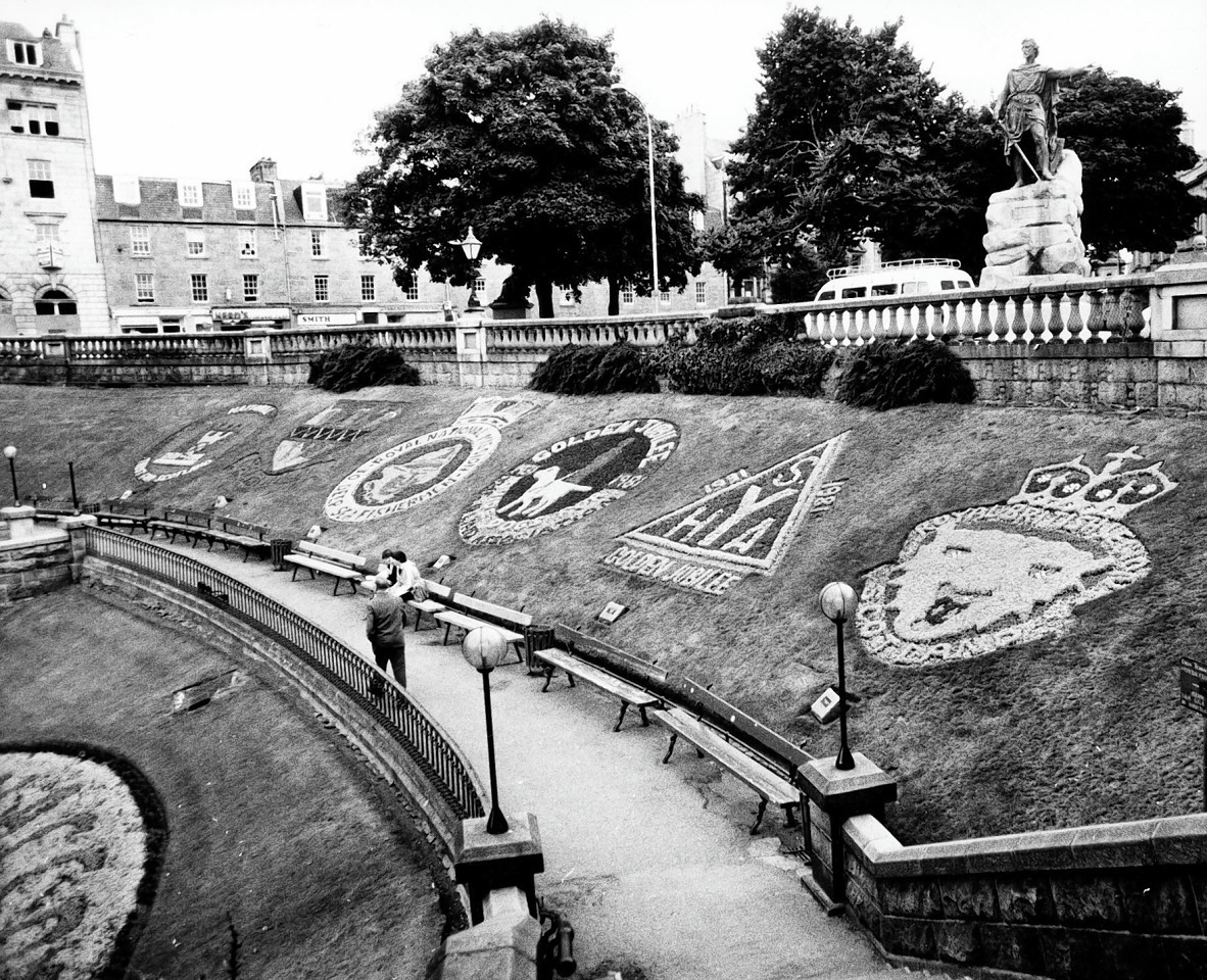 1981: The flower display of badges of major organisations in Union Terrace Gardens. The badges of (from left), The National Trust for Scotland, The World Pipe Band Championships, Royal National Mission to Deep Sea Fishermen, The Guide Dogs for the Blind Association golden jubilee, Scottish Youth Hostels Association golden jubilee and Royal British Legion Scotland.