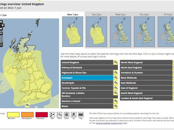 A yellow warning is in place for much of tomorrow