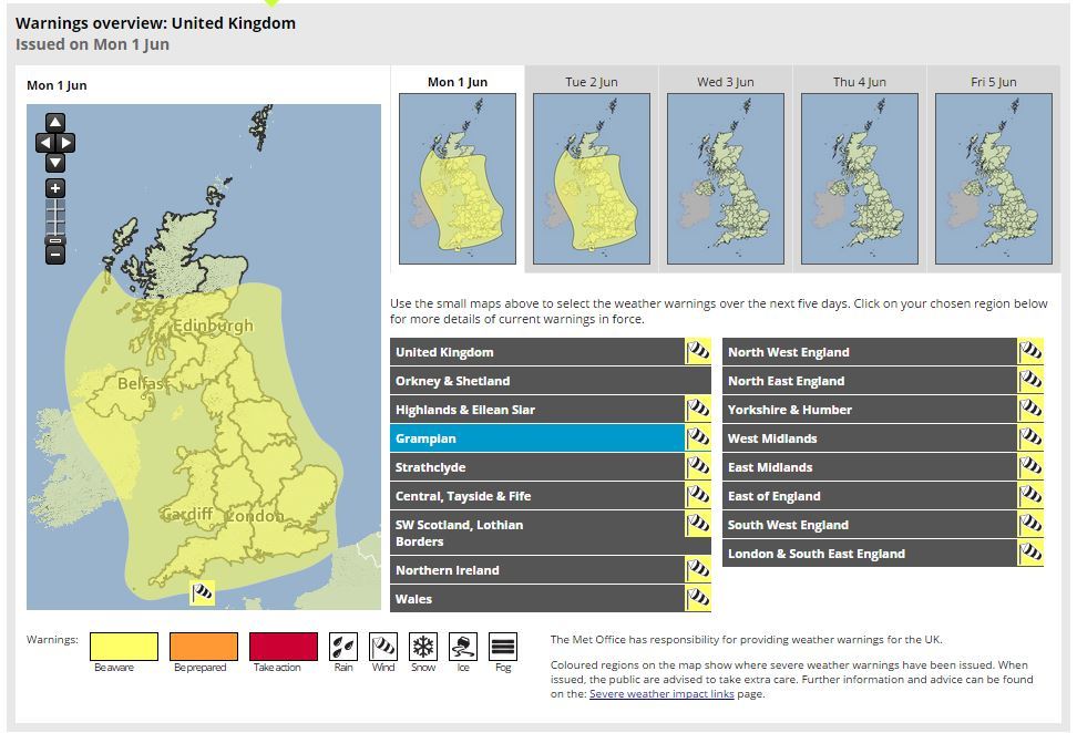 Warnings are in place for the Highlands and Grampian